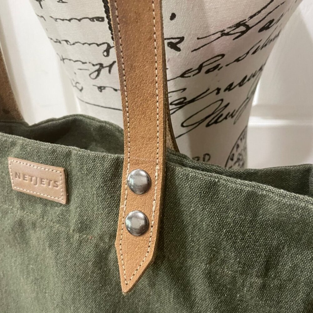 MILITARY GREEN CANVAS LEATHER TOTE BAG NETJETS BRAND - Picture 11 of 16